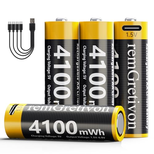remGretivon USB C Rechargeable AA Batteries 4 Pack 4100mWh 1.5V Constant Output Lithium Ion Battery 2.5H Fast Charging Double A Rechargeable Batteries with 4-in-1 Cable 1500 Cycles