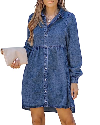 LookbookStore Denim Dresses for Women 2024 Casual Plus Size Babydoll Dress Fall Wedding Guest Dresses for Womens Winter Dresses Flower Dress for Women Wishful Blue Size Medium Size 16 18