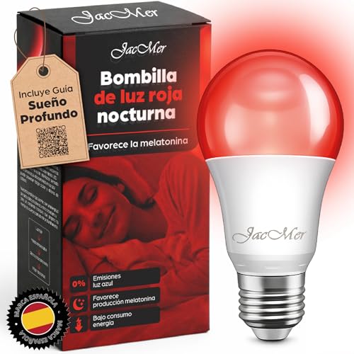 Luz Roja Nocturna Melatonina |Bombilla LED Roja E27 7W |0% Luz Azul |Sin Flicker |Respeta el Ritmo Circadiano |Bombilla Roja para Dormir Antes+ EBOOK Regalo |Ideal Dormitorio Pasillo Bebé (1, E27)