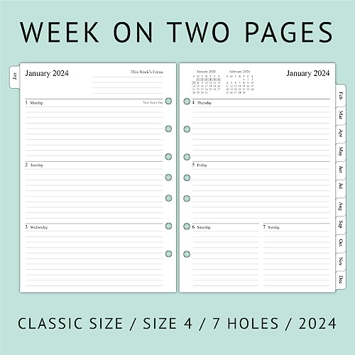 2023-2024 Monthly Planner Refill 5-1/2" X 8-1/4", Runs From July 2023 To December 2024, Two Pages Per Month, Desk Size 4, 7-Hole Punched #TOP2