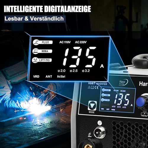Harukiku135A Fülldraht Schweißgerät Ohne Gas,3-in-1 Elektroden Schweißgerät (Flux MIG/ARC,MMA/Lift WIG),mit Synergischem Drahtvorschub kompakter IGBT Inverter Schweissgerät, für Profis & Home DIY