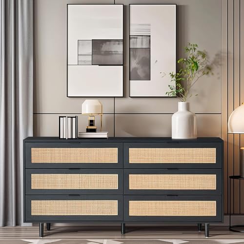 Image of 6 Drawer Double Dresser for Bedroom,Natural Rattan Modern Drawer Chest,Wooden Storage Wardrobe Dresser with Black Handles,Floor Standing Storage Cabinet, for Entrance,Living Room,Hallway (Black)