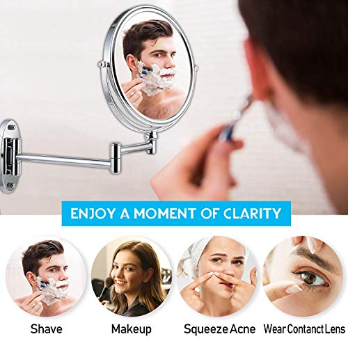 Miusco Wall Mounted Makeup Mirror, Premium 7X Magnifying 8'' Two-Sided Bathroom Vanity Mirror, Extendable Arm, Round, Chrome #TOP3