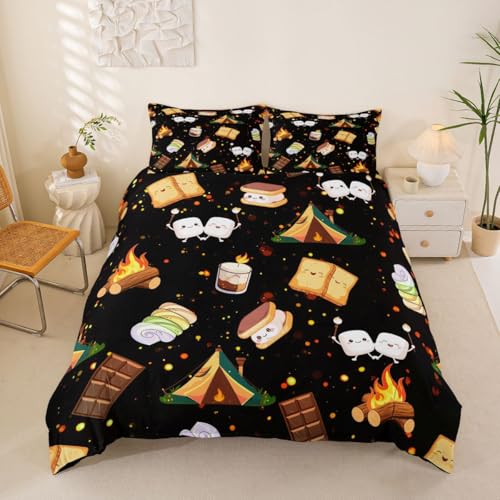 Cute Marshmallow Bedding Set Queen Size Kids Cute S'Mores Cookie Comforter Cover Set for Boys Teens Happy Camping Duvet Cover Breathable Outdoor Adventure Bedspread Cover Room Decor Quilt Cover