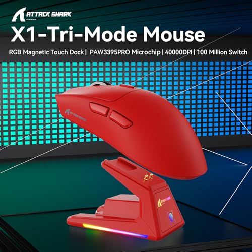 Image of ATTACK SHARK X1 Superlight Wireless Gaming Mouse with RGB Magnetic Charging Dock, BT /2.4G Wireless /Wired Gaming Mouse, PAW3395PRO Gaming Sensor, 40000DPI, 53g Office Mice for PC /Mac /Win /Xbox (Red)