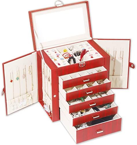BOOVO Jewelry Box For Women Girl Large 6 Layer Jewelry Organizer Box with Lock Storage Necklace Ring Earrings Bracelet Jewelry Box Women Wood Grain PU Leather Jewelry Box (Wood grain/red)