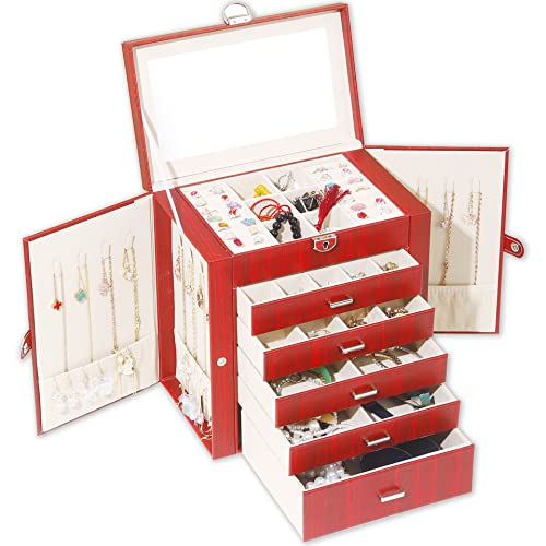 Boovo Jewelry Box For Women Girl Large 6 Layer Jewelry Organizer Box With Lock Storage Necklace Ring Earrings Bracelet Jewelry Box Women Wood Grain Pu Leather Jewelry Box (Wood Grain/Red) #TOP23