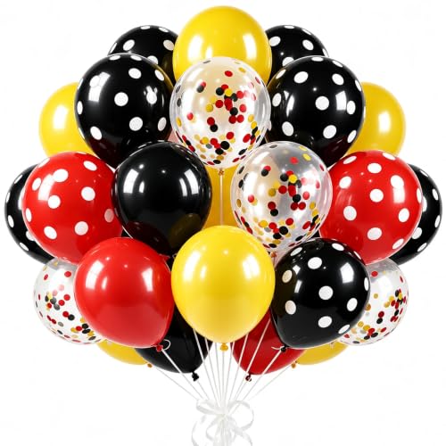 Image of TONIFUL 100 Pack Red Black Yellow Balloons - Classic Cartoon Colors Confetti Polka Dot Latex Balloon for Birthday Retro Baby Shower Mouse Themed Party Decorations