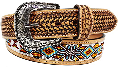 Men Women 1.5" Western Floral Tooled Beaded Full-Grain Leather Belt 26RT35B2