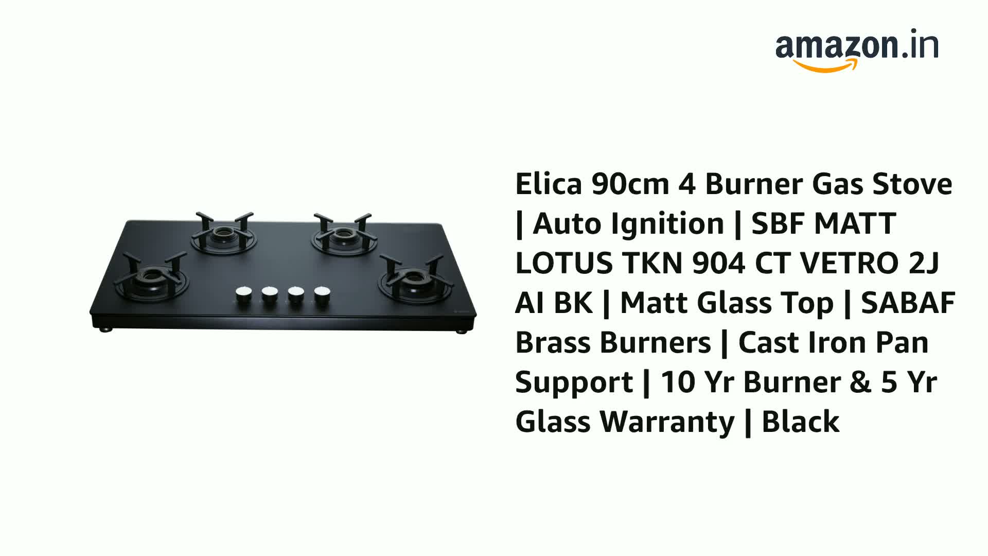 Elica 90cm 4 Burner Gas Stove | Auto Ignition | Matt Finish