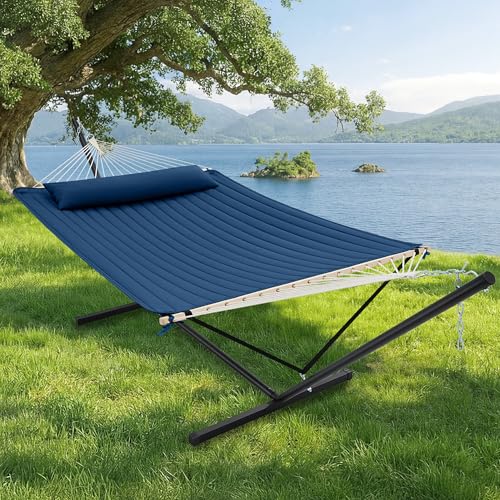 Image of SUPERJARE 12ft Double Hammock with Stand, Rope Hammock for 2 Person, Detachable Hammock Bed and Pillow, Portable, Anti-Tip Safety Ropes, Carry Bag, Outdoor Backyard Patio Camping, Navy Blue