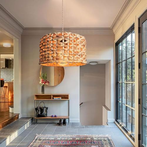 Luminaire suspendu en rotin rustique et suspension en bambou à 1 lumière pour salon