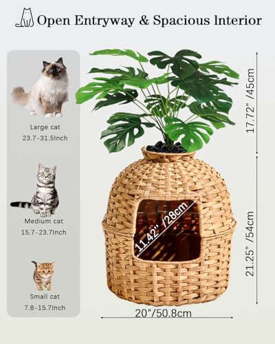 Image of SETVSON Cat Litter Box Plant Furniture Enclosure, Hidden Handwoven Rattan with Cat Litter Box and Artificial Plants, Odor Control Filter, Real Stones in Living Room, Bedroom, Corner Natural
