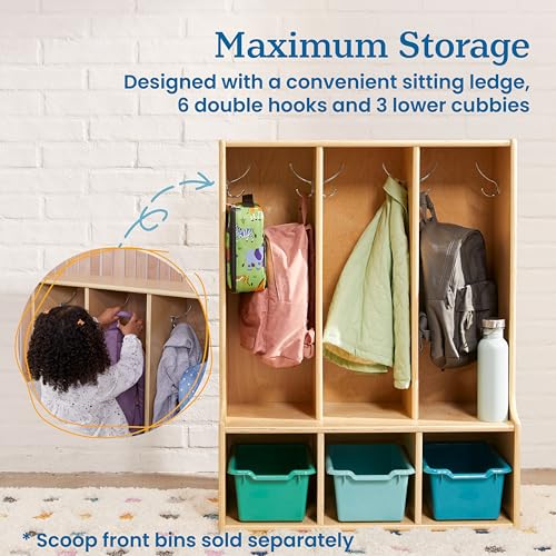 Image of ECR4Kids Streamline 3-Section Toddler Coat Locker with Bench, Classroom Furniture, Natural
