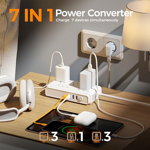 TESSAN 220V to 110V Voltage Converter for Travel with 4 USB Ports (1 USB C), 3 AC Outlet and EU UK AU IT in ZA International Power Adapter, Step Down Transformer Outlet Converters White3