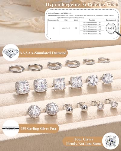 BESTEEL S925 Sterling Silver Stud Earrings for Women Men - Hypoallergenic 18K Gold Plated Hoop Earring Big Round Square Simulated Diamond Halo Studs Earrings for Sensitive Ears4