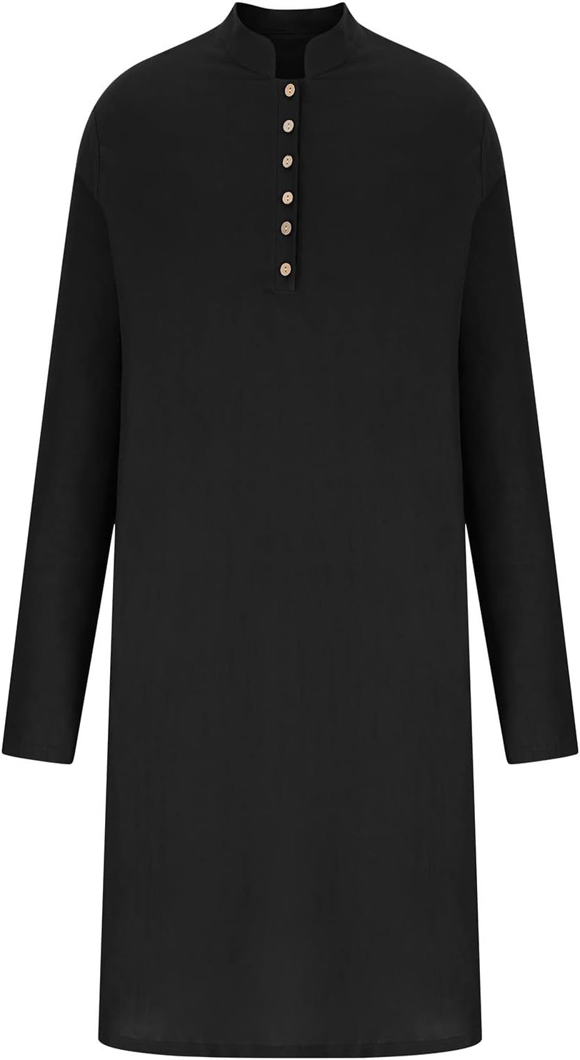 Men’s Long Kurta Shirt Fashion Button Down Ethnic Tunic Top Casual Loose Fit Breathable Lightweight Summer Shirts