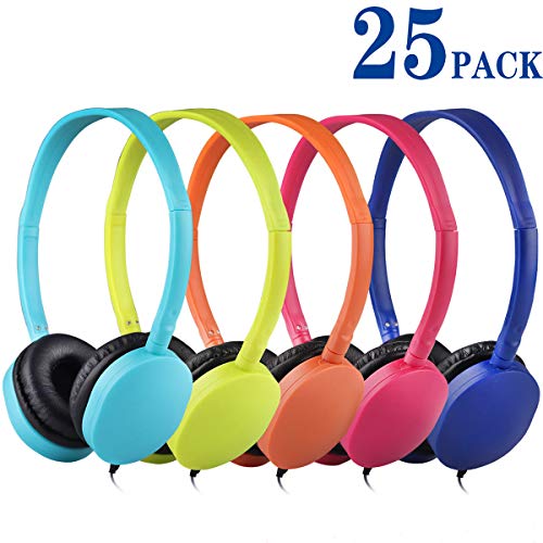 Bulk Headphones 25 Pack Multi Colored for Classroom, HONGZAN Wholesale Stereo Kids Headphones