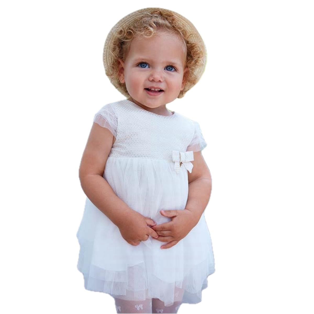 Mayoral Vestido elegante blanco para bebé con tul y lazo, perfecto para ceremonias y ocasiones especiales