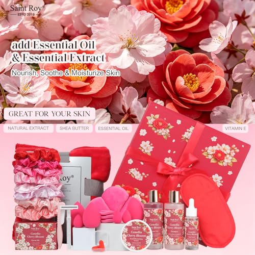 Image of 35Pc Birthday Gift for Women, Cherry Blossom Rose Bath and Body Basket Gift | Spa Gift Basket, Face Skin Care Kit, Home Spa Self Care, Lip Gloss, Birthday, Christmas, Mother, Bridal Shower, Anniversary
