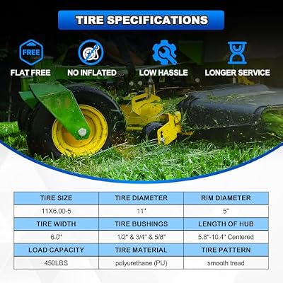 2PCS 11x6.00-5 Flat Free Tire and Wheel with 1/2 & 3/4 & 5/8 Precision Bearings and 5.8-10.4 Centered Hub, Front Zero-Turn Smooth Tire Assembly Replacement for Riding Lawn Mowers Garden Tractor