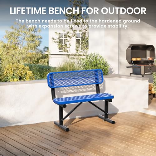 Image of 4FT Outdoor Metal Bench Park Benches for Outside, Blue Heavy Duty Long Steel Bench with Back, Commercial Garden Bench Expanded Metal Bench Seat for Lawn, Park, Deck, Garden, Patio, Porch