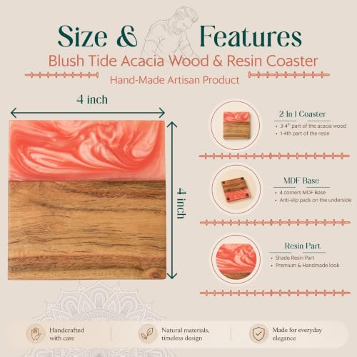 Image of Ireka Home Blush Tide Coaster Acacia Wood and a Dreamy Blush Pink Resin Coaster Pack of 4 |10x10cm | Hand Wash | Modern Tabletop Essentials