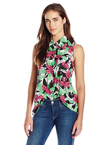 Notations Women's Sleeveless Flora Printed Hi Low Blouse