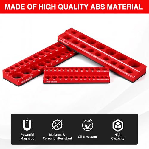 Image of TOOLEAGUE 6Pcs Magnetic Socket Organizer Set,1 /4 inch, 3 /8 inch, 1 /2 inch Hold 143 Pcs | Strong Magnets, Clear Sockets Size Markings, Red Metric & Black SAE Magnetic Socket Trays (Black, Red)