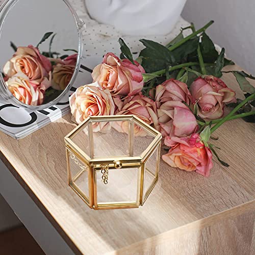 HighFree Copper Glass Vintage Ring Box, Hexagon Golden Geometric Jewelry Organizer, Bracelet Ring Display Small Box for Storage Trinket, Ring, Earring, 3.15x2.7x1.85 inch by HighFree - Image 3