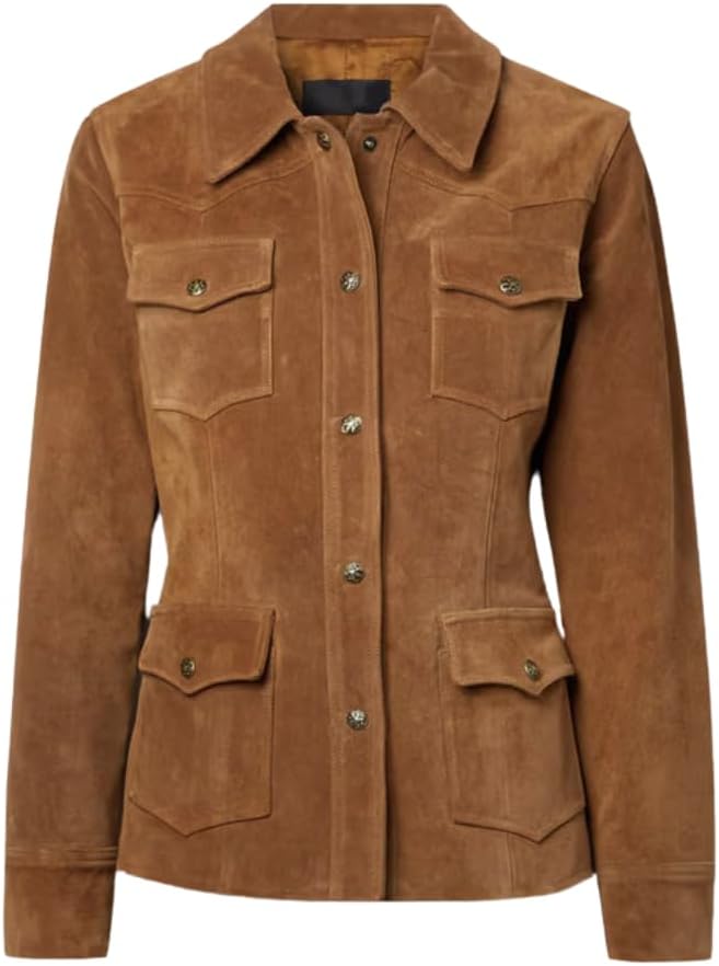 J'Jackin Women's Brown Suede Safari Field Jacket - Classic Style Soft Suede Leather Jackets for Women