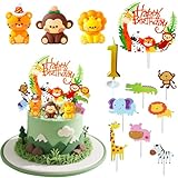 Joyek 12-tlg. Dschungel Tortendeko Set – Happy Birthday Cake Topper Tiere für 1. Geburtstag – Safari Deko Kindergeburtstag Junge Mädchen