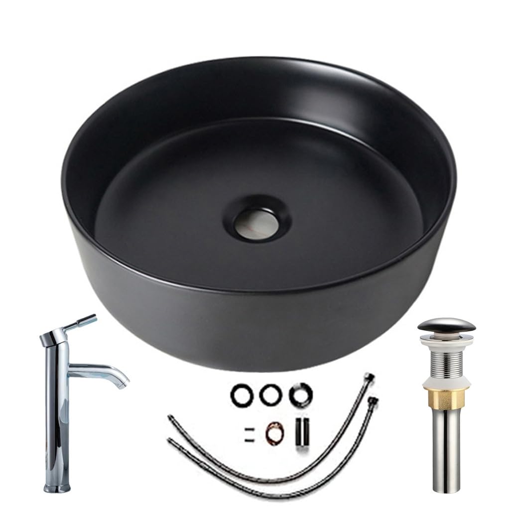 14"Round Vessel Sink Bathroom Sink with Faucet Combo & Pop Up Drain Matte Black Porcelain Ceramic Vessel Sink, Above Counter Sink Bathroom Vanity Sink Art Basin for Cabinet Lavatory Vanity