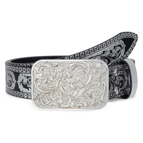 Image of Cowboy Cowgirl Belt Western Belts for Men Women Floral Engraved Longhorn Bull Buckle Belt for Jeans