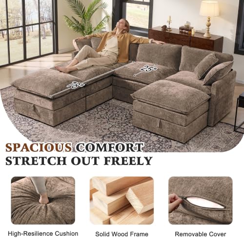 Image of Ihanherry Oversized Sectional Sofa Bed with Storage, 103 inch 6-Seater Modular Cloud Couch with Movable Ottomans, Chenille Deep Seat Sleeper Couches for Living Room (Brown)