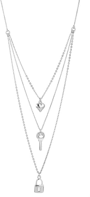 Vanbelle Sterling Silver"Heart","Lock" &"Key" Multi-charim & Multi-layer Chain Necklace with Rhodium Plating for Women and Girls