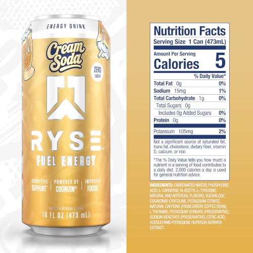 Image of RYSE Fuel Energy Drink - Cream Soda - Sugar Free - 200mg Natural Caffeine, New Formula to Supports Cognitive Health & Improves Focus - No Artificial Colors - 16 fl oz Cans (12-Pack)