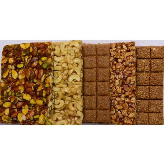 Image of LONAVALA FOODS Famous Assorted & Dry Fruit Chikki Box - 200 grams, 24 Pieces | No Added Preservatives & Colours | Crushed Peanut, Peanut,Chocolate, Kaju & Badam Chikki Sweet Indian Assorted Gajak Bars