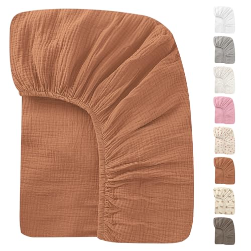 Image of Knirose 52x28 Inches Muslin Crib Sheets Fitted Crib Mattress Sheet for Baby Girls & Boys, 100% Cotton, Soft Boho Neutral Toddler Bedding Bed Sheets Fits Well Standard Size Crib Mattress 28x52 Inches