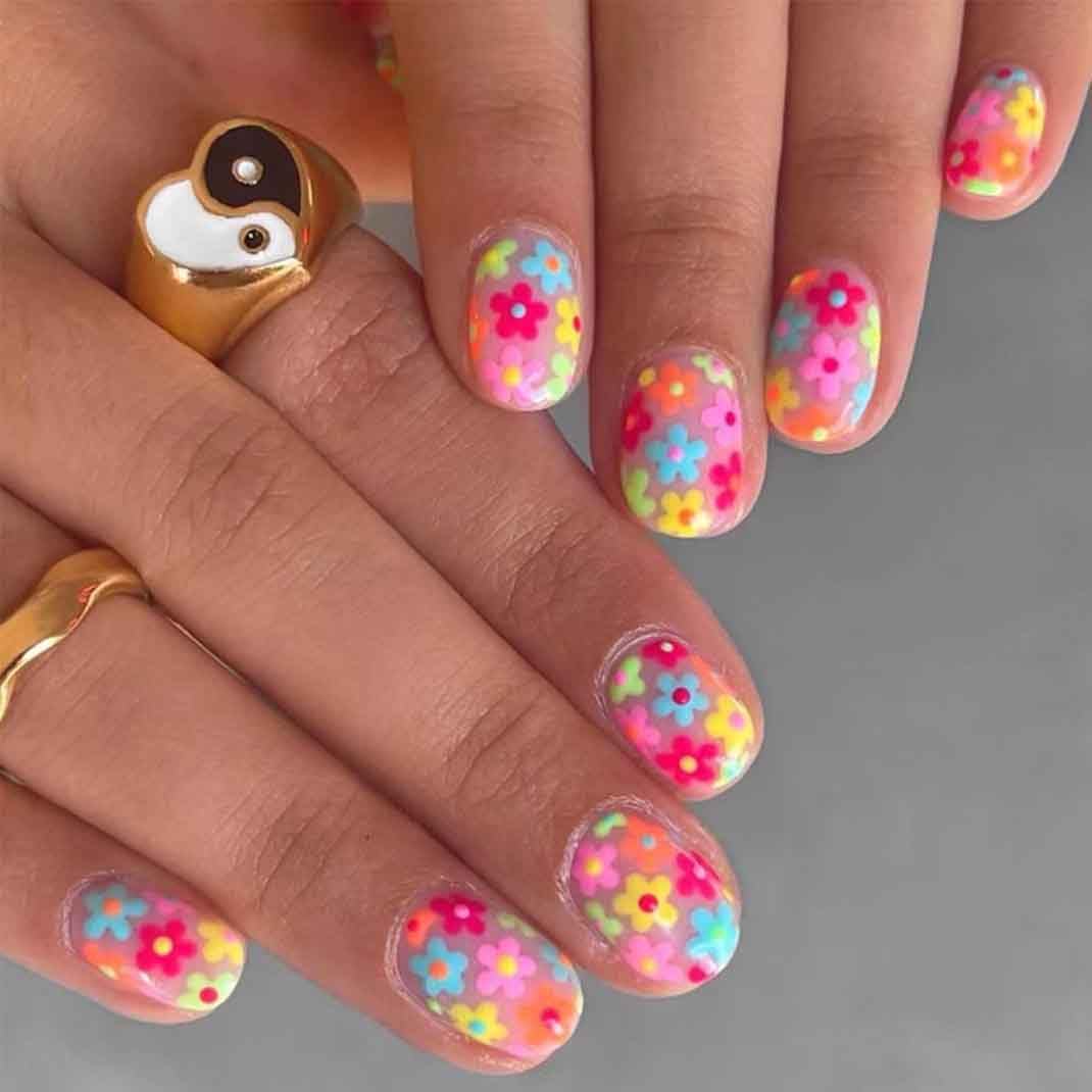 Enppode Square Press on Nails Short Acrylic Nails with Flowers Design Colorful Nails for Women 24 PCS/Set