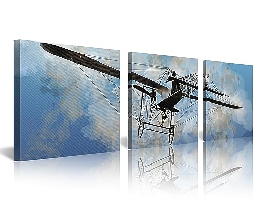 NAN Wind Vintage Airplane Aircraft Canvas Prints Wall Art Old Paper Airplane Pictures Canvas Artwork 3 Pieces Posters for Living Room Home Decor Stretched and Framed Ready to Hang