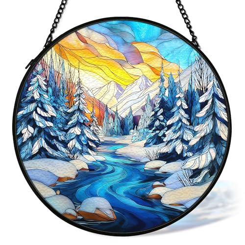 cvjutf Winter Wonderland Christmas Suncatcher Stained Glass Window Hanging Decorstions Landscape Stained Glass Wall Decor Winter Solstice Gifts Forest Garden Sun Catchers Window Art 7.9x7.9 Inch