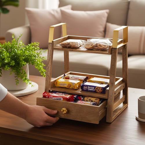Image of Premium Handcrafted Mango Wood Shelf Organizer with Drawer, Wooden Kitchen Spice Rack, Countertop & Floor Standing Storage Cabinet, Natural Gold 47x27.8x49.5 cm