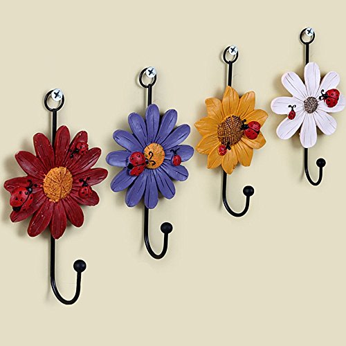 Creative Daisy Resin Wall Hooks Wall Mounted Art Flower Iron Hook Hand-Painted Hanging Coat / Hat /Key/ Towel Hooks Home Decoration(Set Of 4) #TOP5