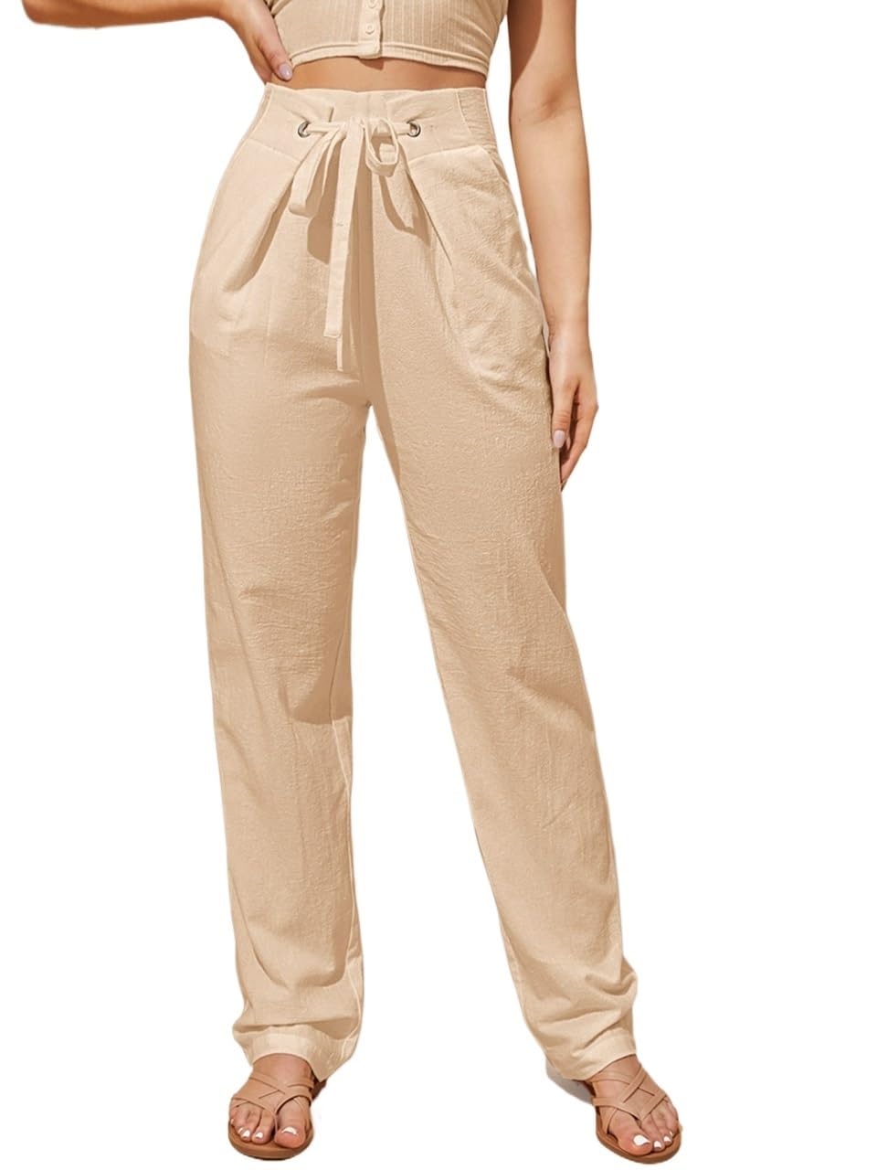 SECOLI Womens Straight Wide Leg Trousers Pants Apricot Casual Drawstring Waist Straight Leg Pants