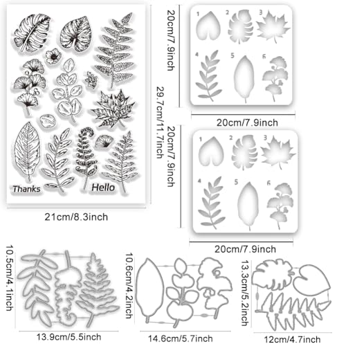 INFUNLY Leaves Stamp and Dies Ginkgo Painting Stencils A4 Size Tropical Plants Clear Stamps and Cutting Die Palm Leaves Hollow Painting Stencil Set for DIY Card Making Scrapbooking Craft Home Decor - Image 2