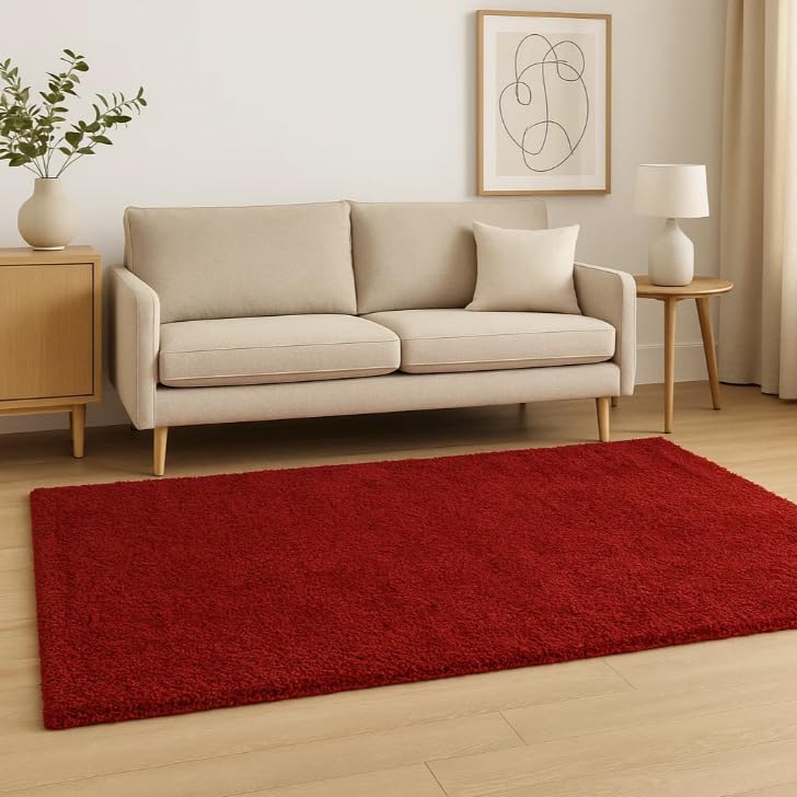 Red Rug Thick Cozy Pile Bold Ruby Colour Comfort Underfoot Plush Carpet Modern Warm Aesthetic Ideal for Hallway Lounge Bedroom Soft Dense Texture Durable Rug 120cm x 170cm (3ft 11" x 5ft 7")