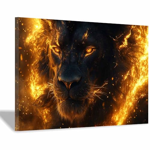 Illustration de lion enflammé TERUEA toile encadrée dorée 30x45cm