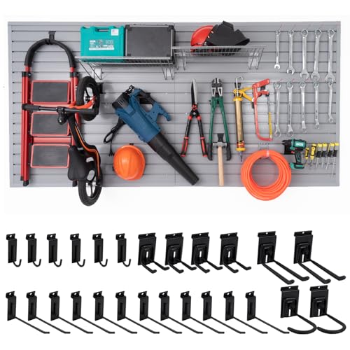 FRAYSCENT Slatwall Panels 4'x8' Garage Slat Wall Storage Systems with 26 Slatwall Accessories, PVC Grey Slat Wall Paneling for Retail Display, Garage Storage, Guitar Shop, Home Storage