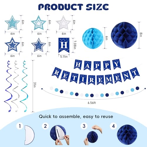 Image of Happy Retirement Party Decorations for Men Women Blue Silver Happy Retirement Banner Honeycomb Balls Pentagram Hanging Swirl Streamers Circle Dots Garland